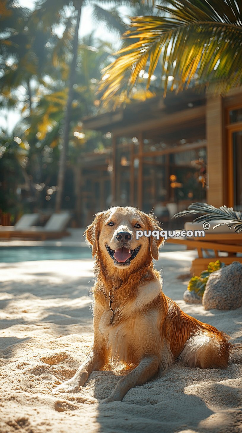 Golden retriever sitting on sandy ground in front of a pool and tropical vacation home, with palm trees in the background.