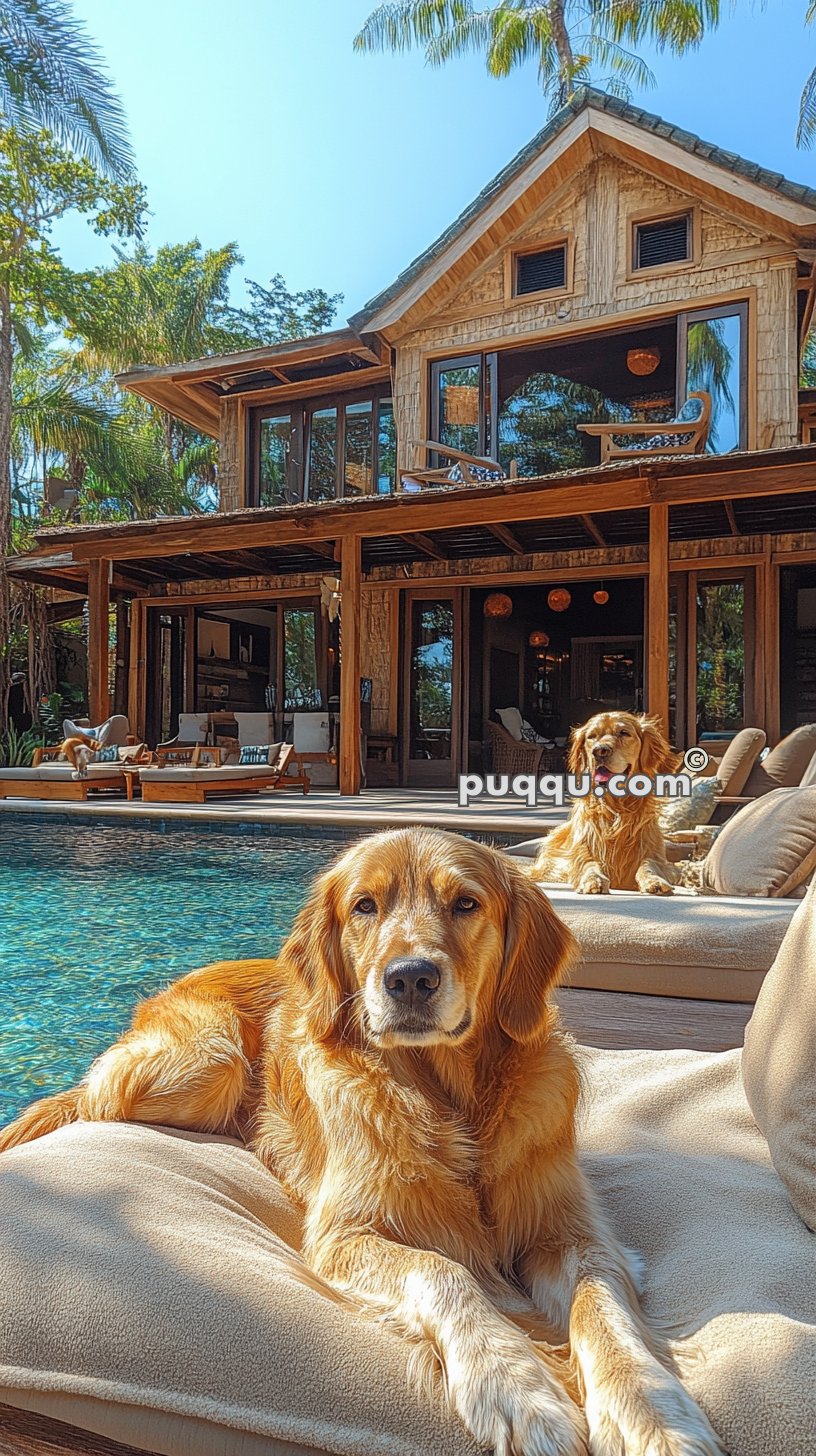 Two golden retrievers lounging by a pool in front of a large wooden house.