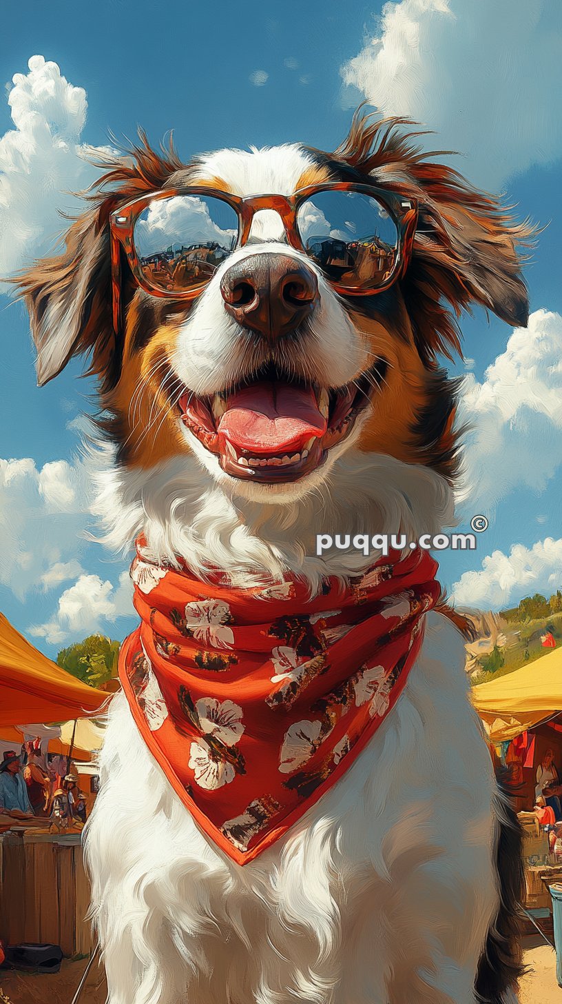 A happy dog wearing sunglasses and a red bandana, with a bright blue sky and market scene in the background.