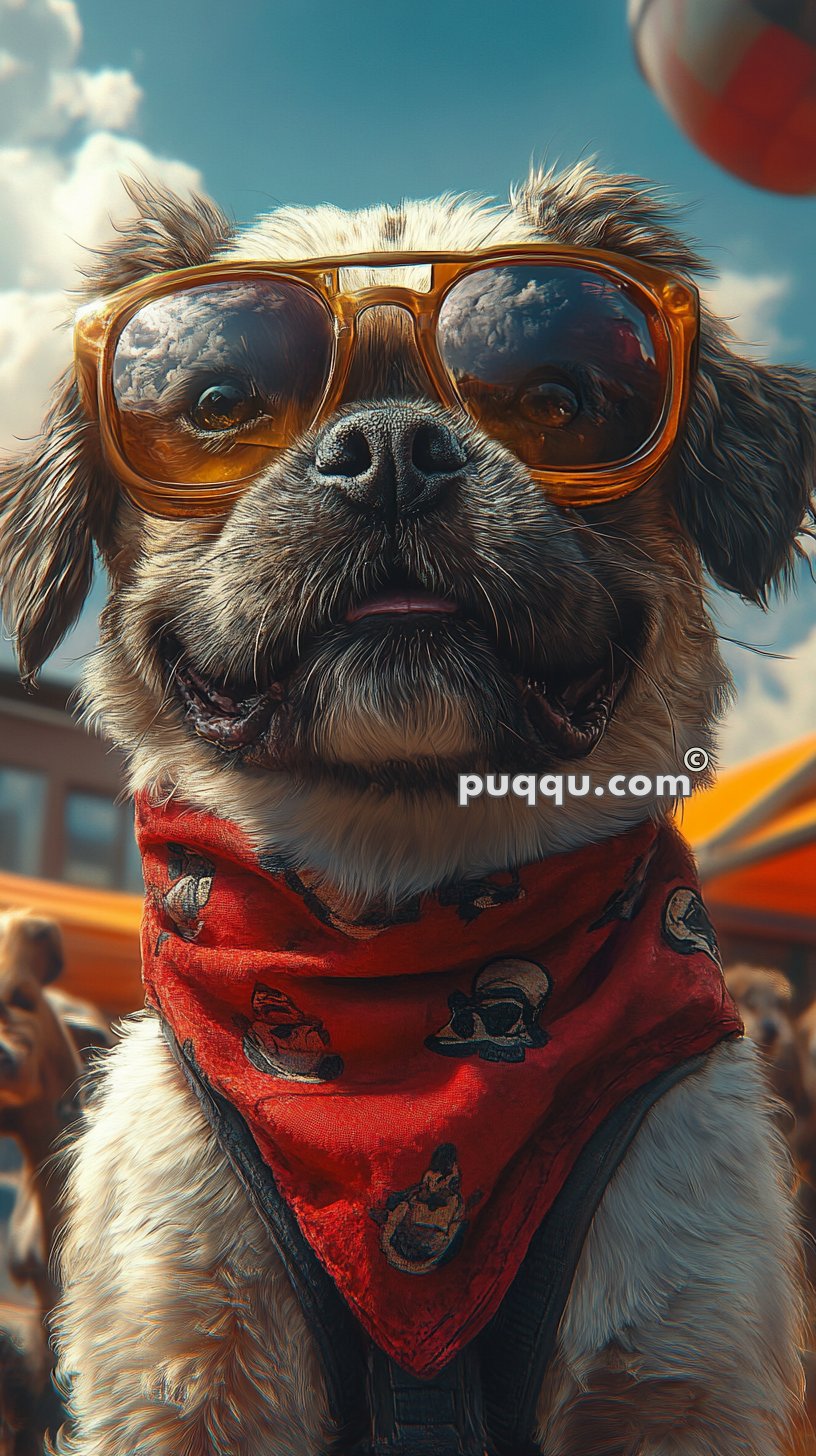 Dog wearing large sunglasses and a red bandana with cartoon skulls, with blue sky and clouds in the background.