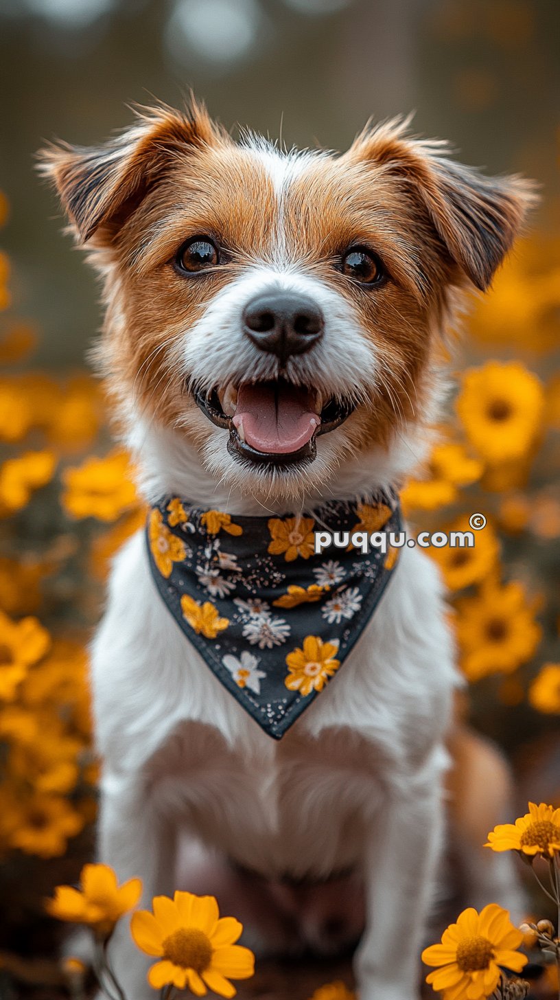 A happy brown and white dog with a flower-patterned bandana sits among bright yellow flowers.