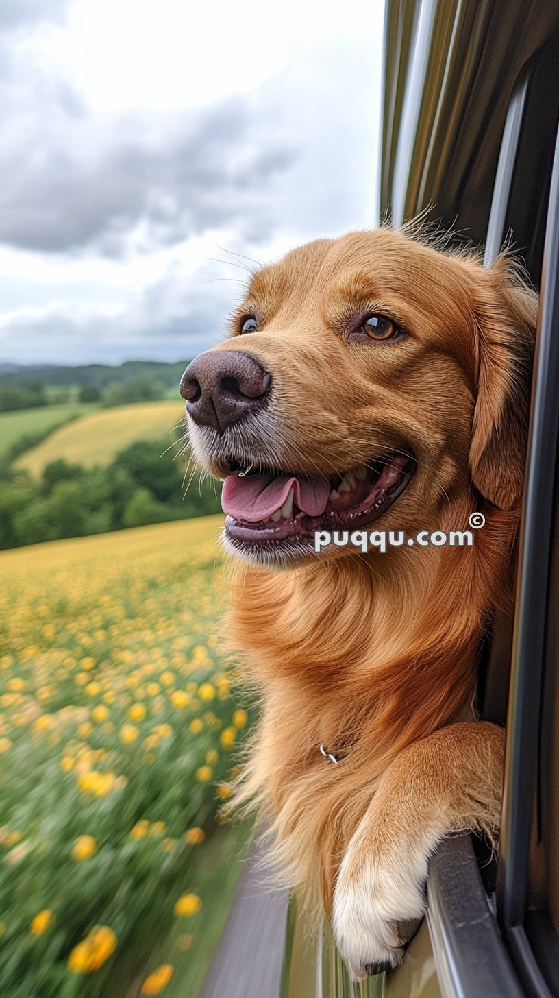 Golden retriever with its head out of a car window, tongue out and looking happy, with a scenic landscape of green fields and yellow flowers in the background.