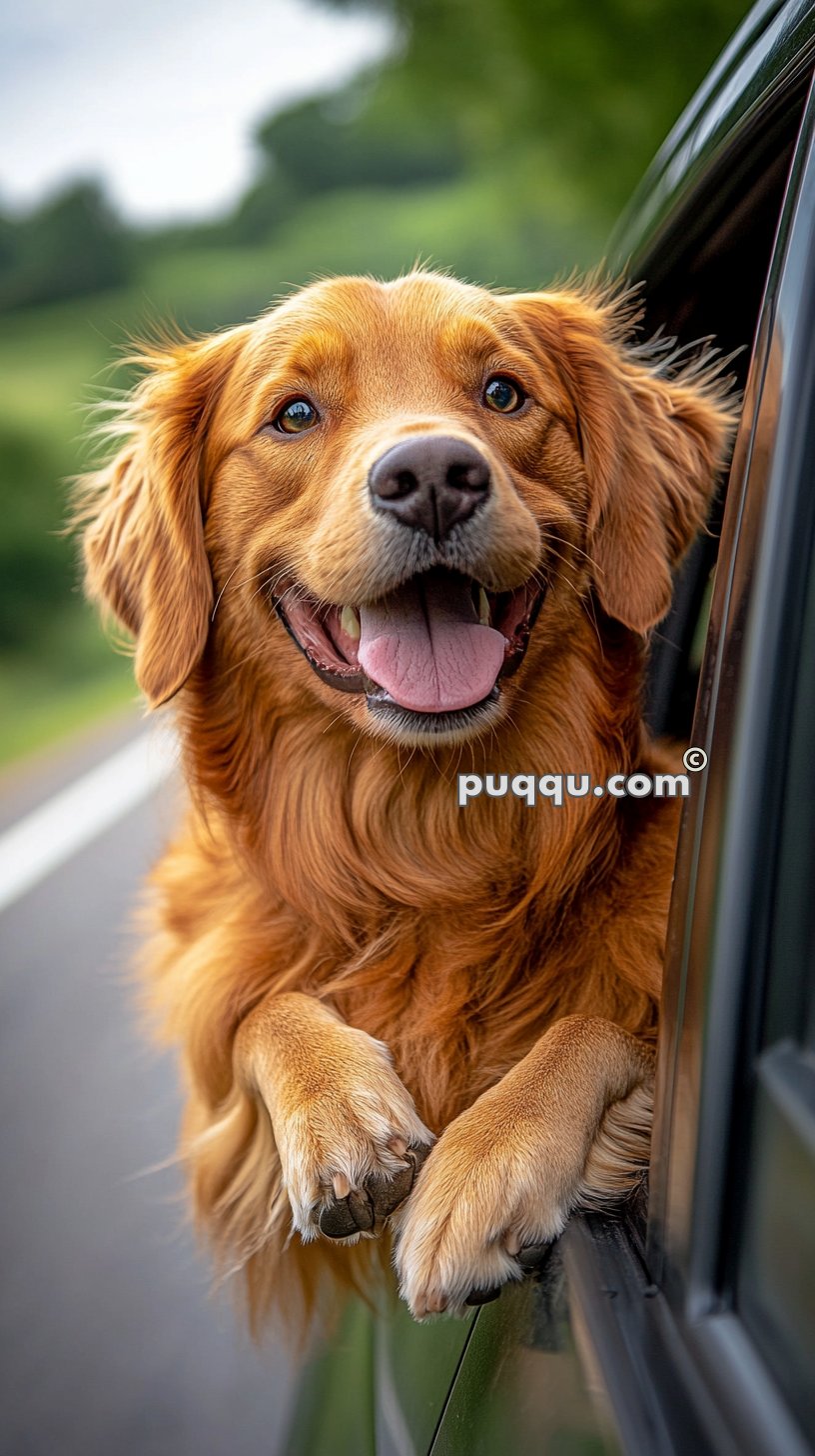 Golden retriever with head and front paws out of a car window, looking happy.