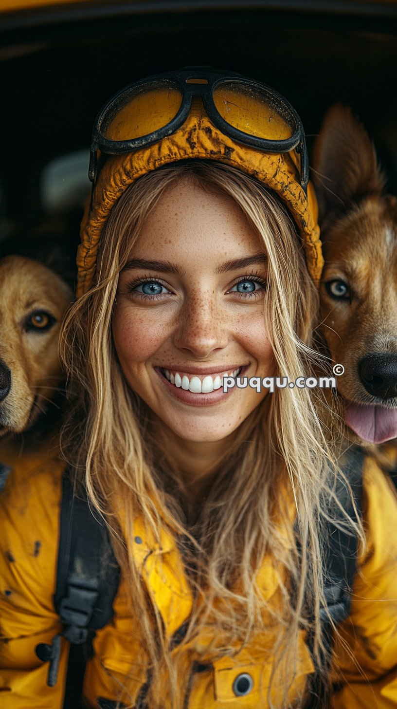 Smiling woman in a yellow jacket and goggles, flanked by two dogs.