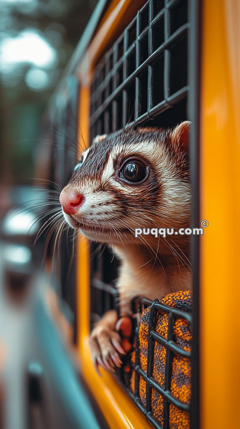 A ferret with a white and brown coat looking out of a yellow pet carrier through a black metal grid.