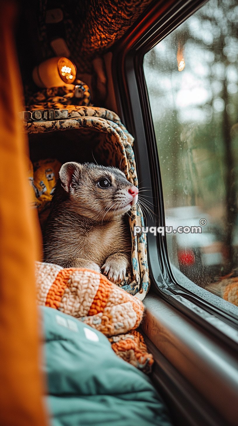 Ferret snuggled in a cozy nook by a window staring outside.