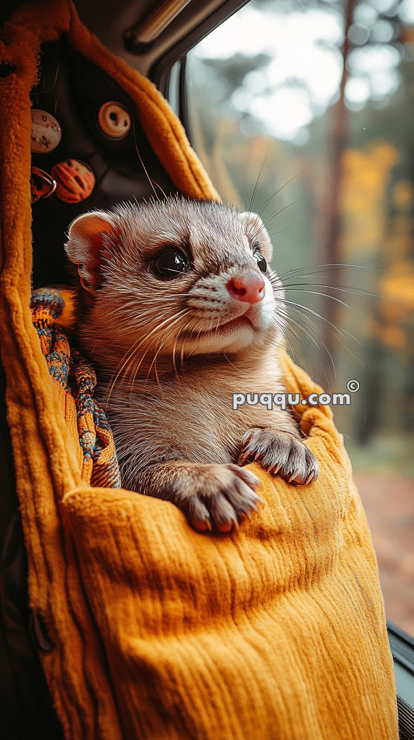 A cute ferret peeks out of a mustard-colored fabric hammock, looking out of a window.