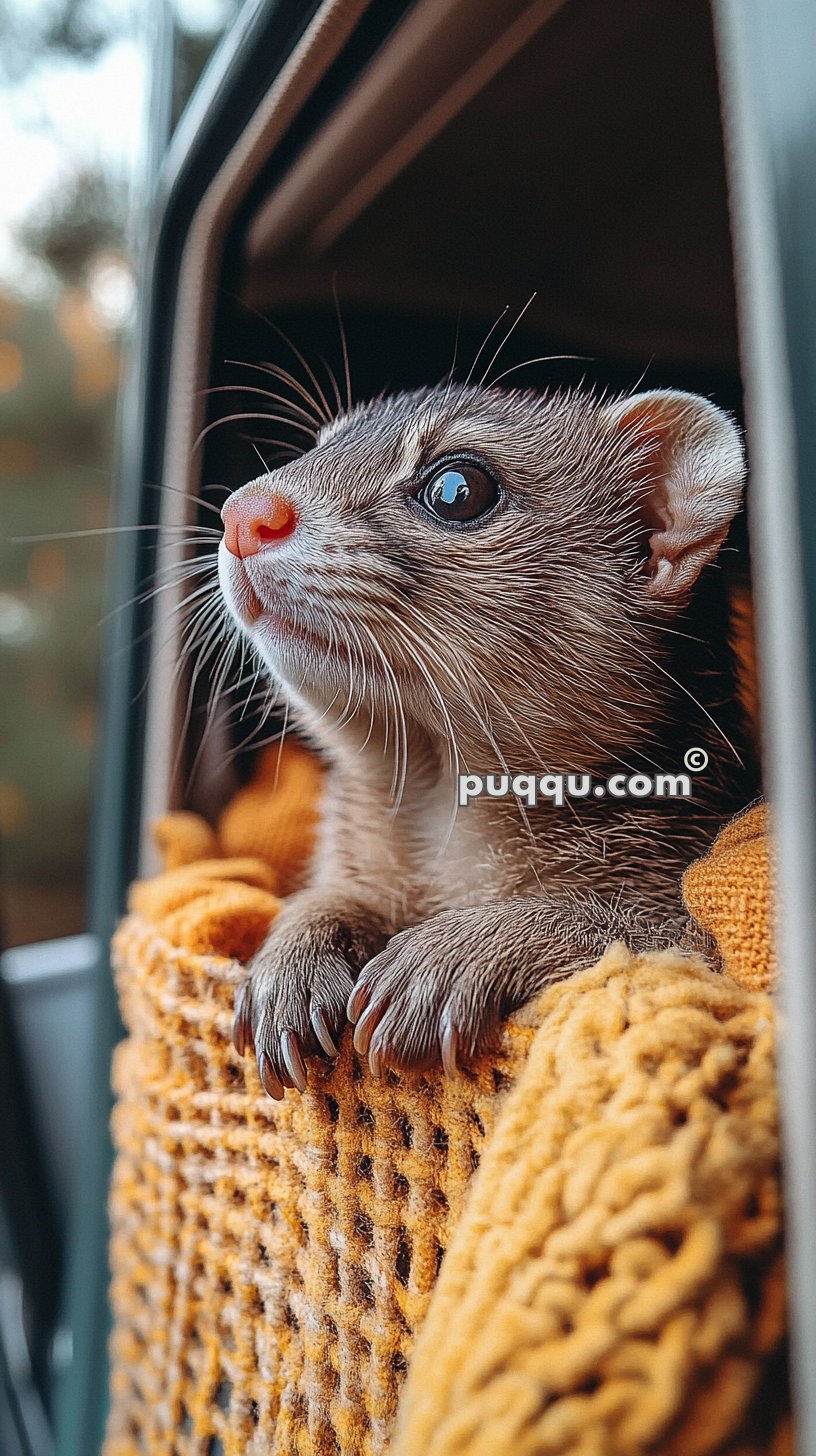 A small animal with a pink nose and whiskers looking out from a woven basket, with a blurred background.