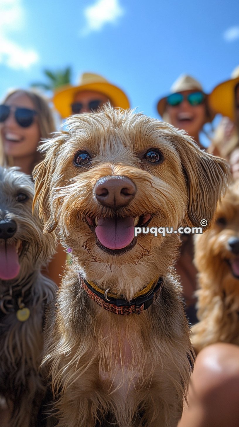 Happy dog with a group of smiling people and other dogs in the background on a sunny day.