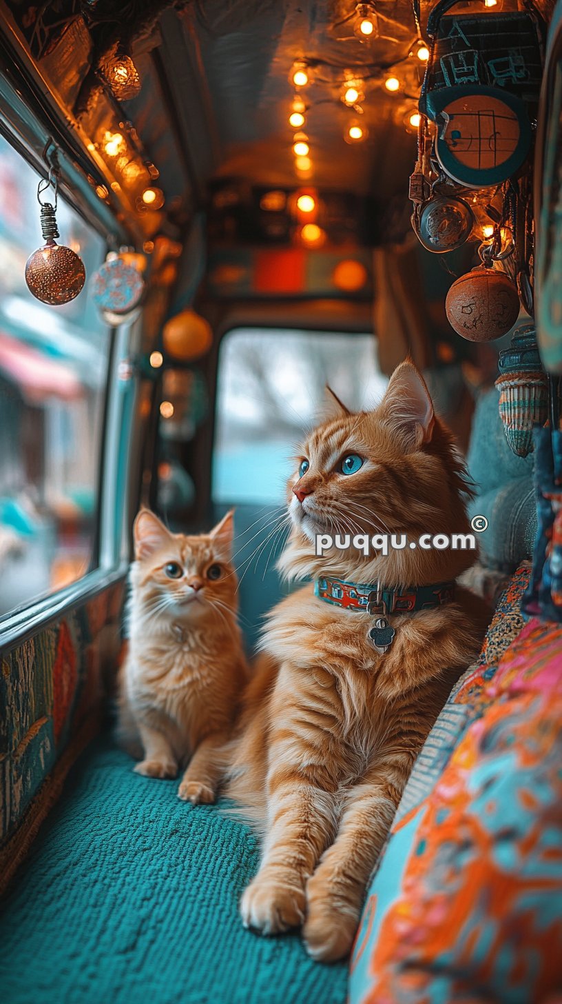 Two orange tabby cats with blue eyes sitting on a turquoise cushion in a decorated van adorned with string lights and hanging ornaments, looking out the window.