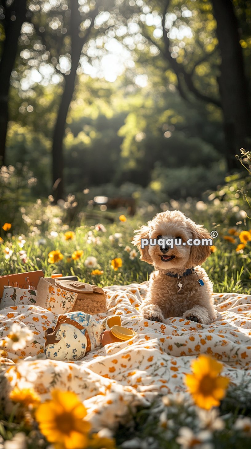 A fluffy, light brown dog sits on a floral picnic blanket surrounded by picnic items in a sunlit meadow with wildflowers and trees in the background.