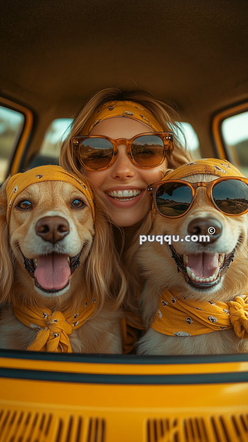 Woman and two dogs wearing matching yellow bandanas and sunglasses, smiling inside a car.