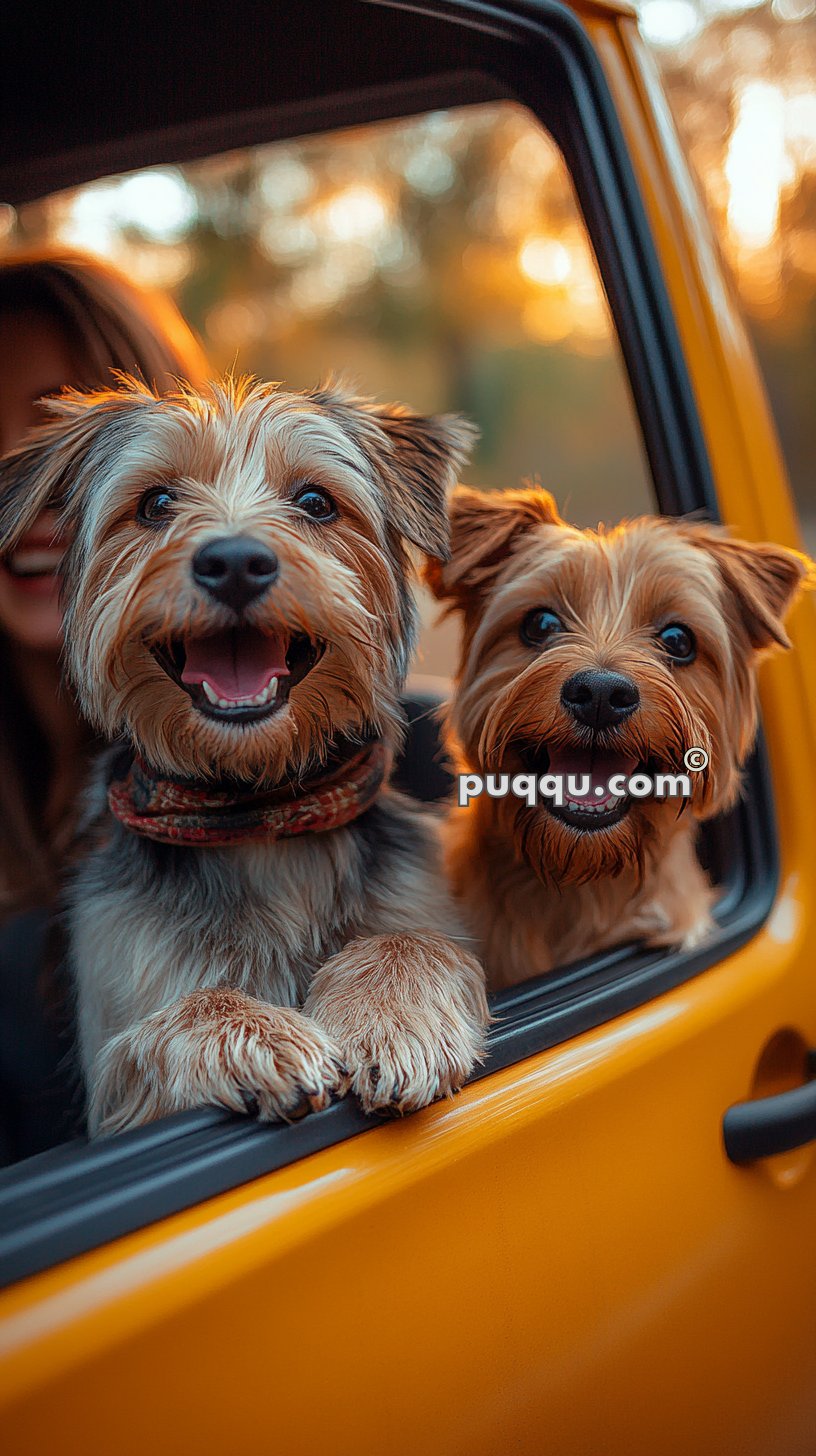 Two small dogs leaning out of a car window, one with a wide smile and the other looking curious, with a person partially visible in the background behind them.