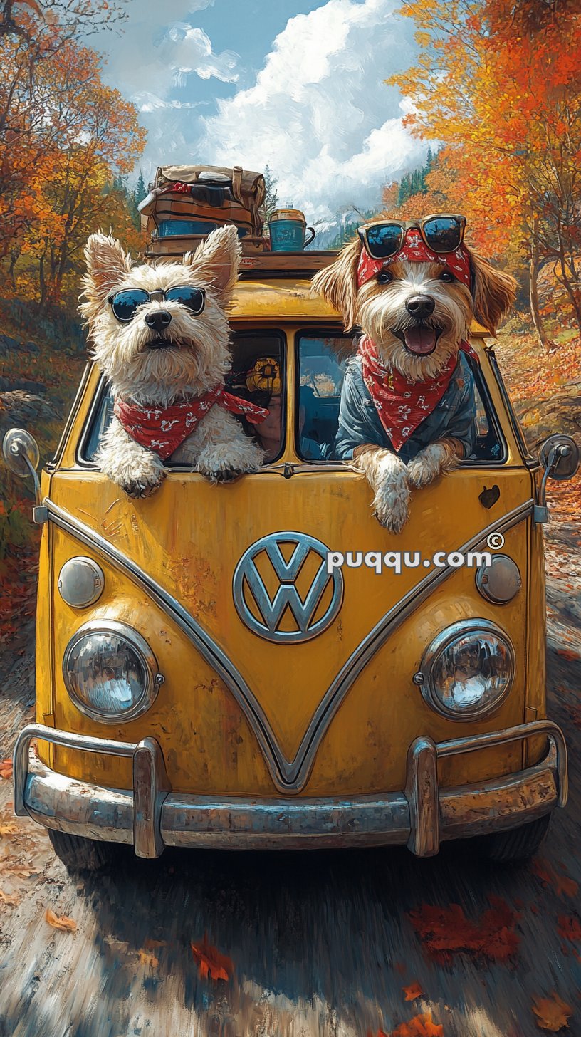 Two dogs wearing bandanas and sunglasses, leaning out of the windows of a yellow Volkswagen van, with a scenic autumn backdrop featuring colorful leaves and trees.