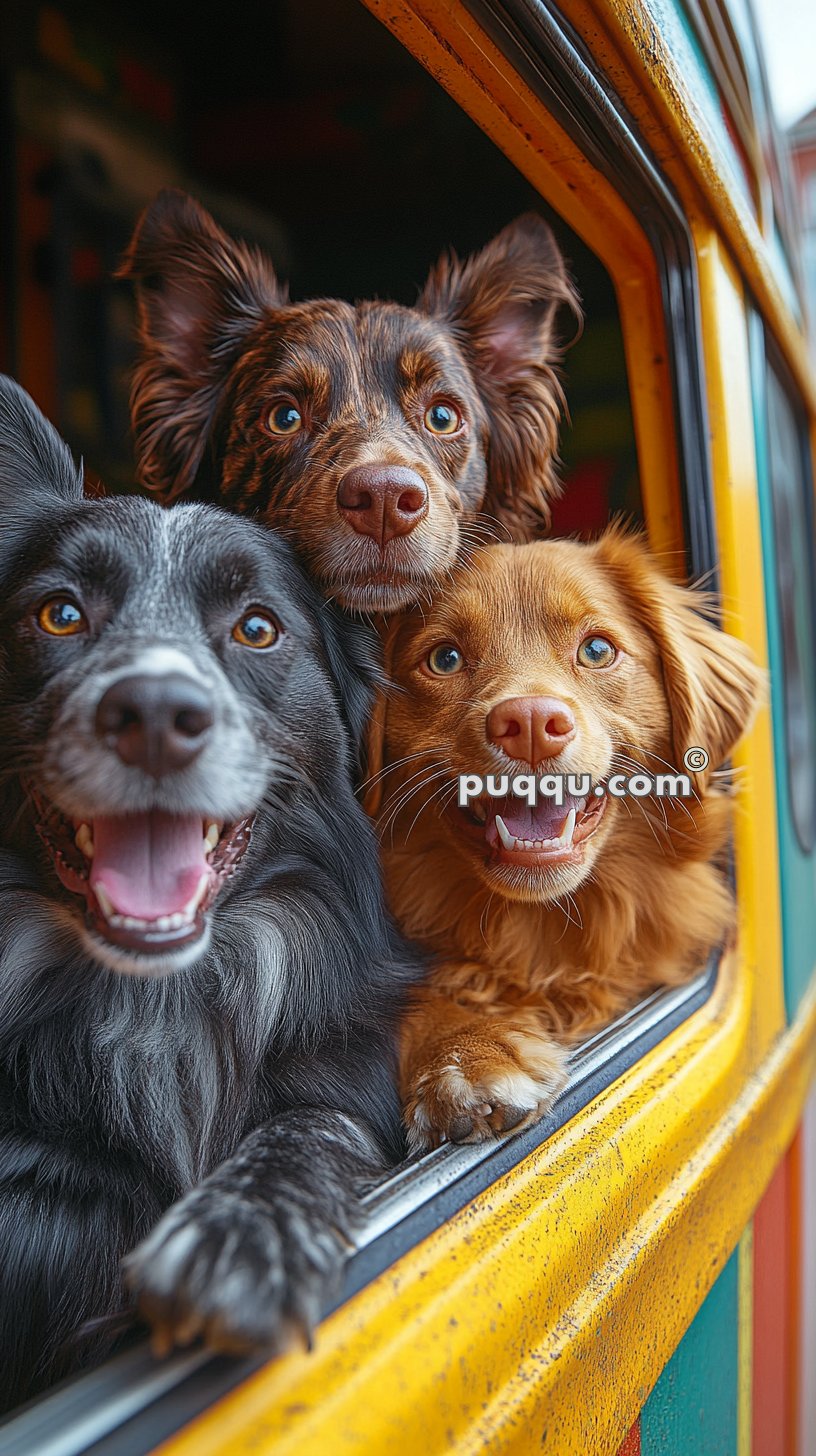 Three dogs with different fur colors poke their heads out of the window of a yellow vehicle, looking excited.