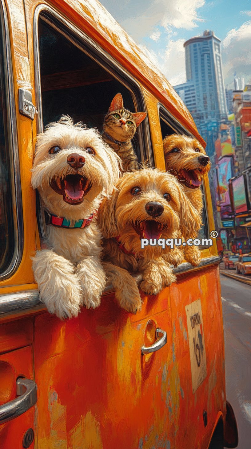 Four happy dogs and a cat leaning out of a window of an orange vehicle in a city setting.