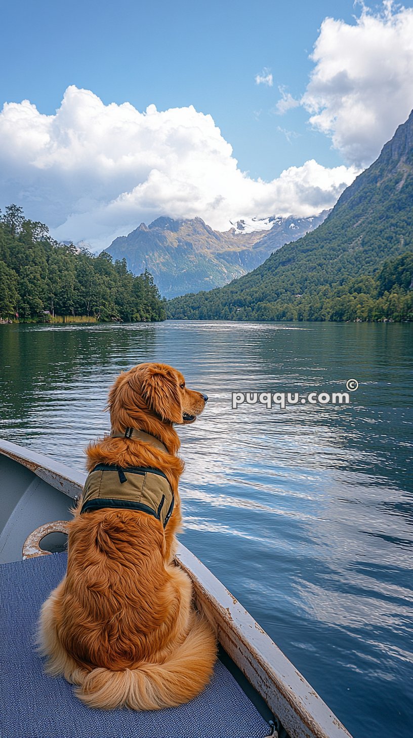 Golden retriever sitting on a boat, looking out over a serene lake surrounded by green forest and distant snow-covered mountains under a partly cloudy sky.