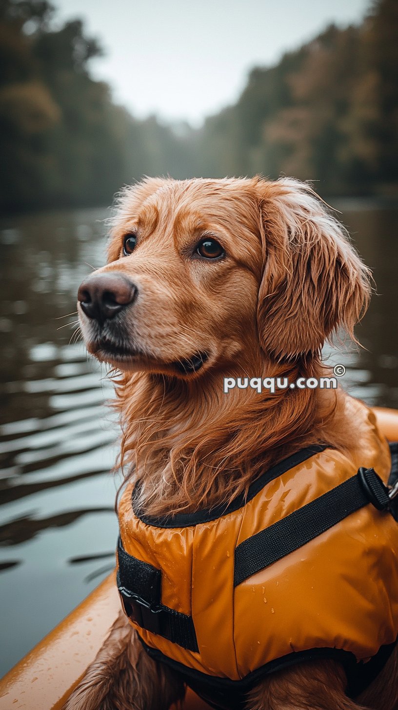 Golden retriever wearing an orange life vest on a boat in a calm body of water.