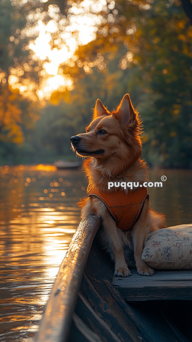 Dog sitting on a boat on a river during sunset, wearing an orange harness, with blurry trees in the background.