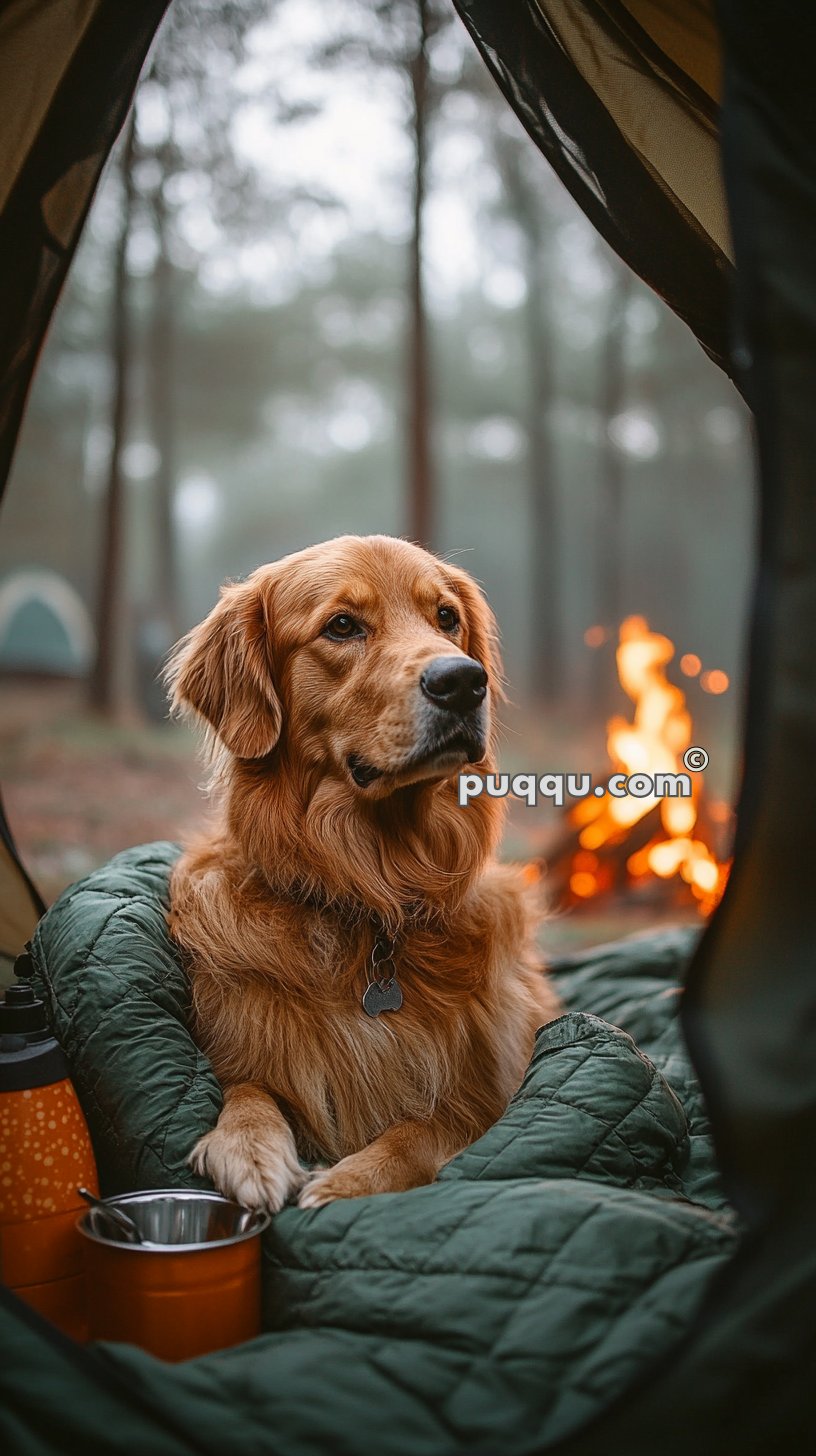 Golden retriever sitting in a camping tent with a campfire in the background.