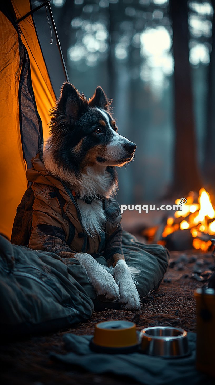 Dog in a jacket sitting at the entrance of a tent, looking into the distance, with a campfire burning and bowls nearby.