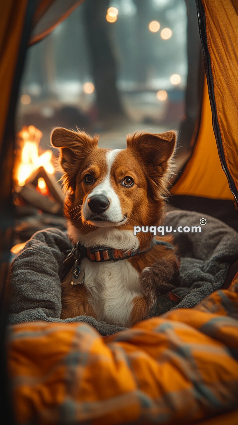 A dog with fluffy fur is lying inside a tent, with a campfire and blurry forest background visible through the tent's opening.