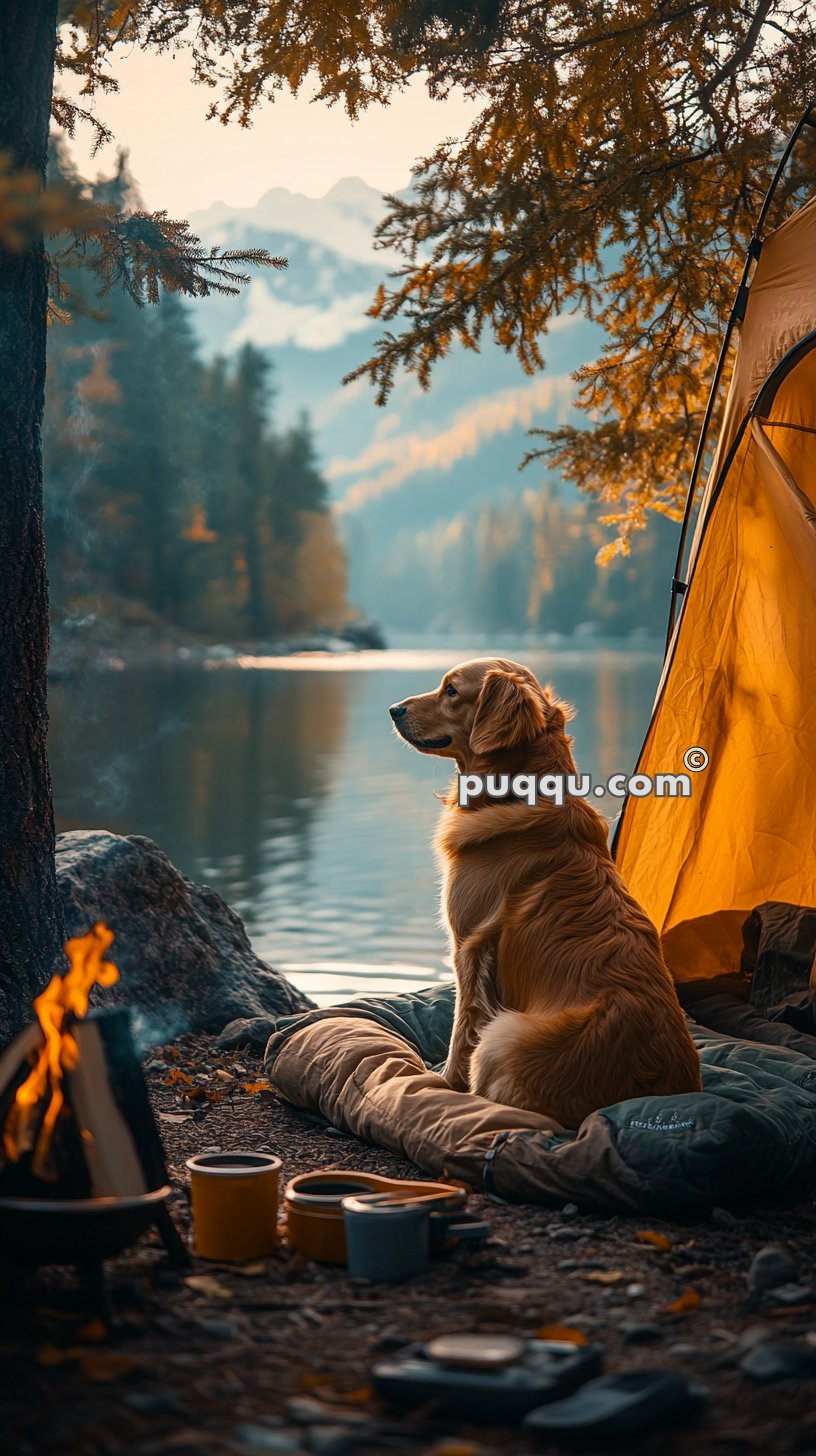 A golden retriever sitting by a riverside campsite near a tent, with a campfire and cooking items in the foreground and mountain scenery in the background.