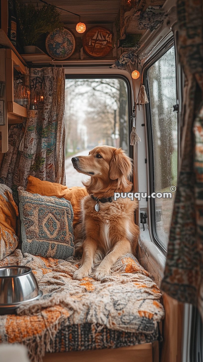 Golden retriever lying on a cozy bed inside a decorated camper van.