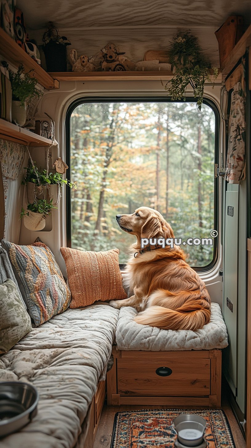 Golden retriever sitting on a cushion inside a cozy camper van, looking out the window at a forest.