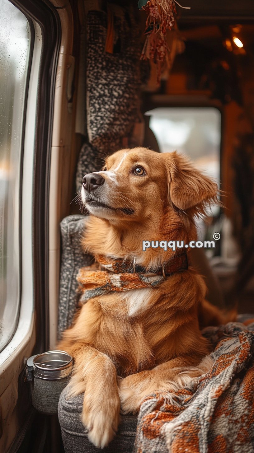 Golden retriever wearing a scarf, looking out of a window inside a cozy van.