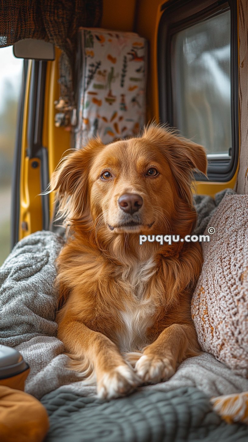 Golden retriever mix lying on a cozy blanket in a camper van.