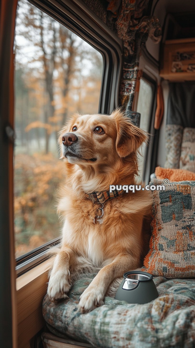 A golden-brown dog with a collar sits on a cushion inside a vehicle, looking out the window with a forest scene in the background.