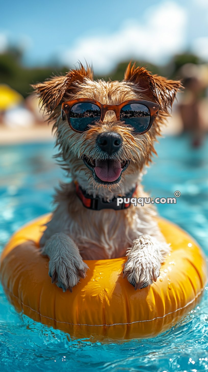 Dog wearing sunglasses sitting in an orange float in a swimming pool.