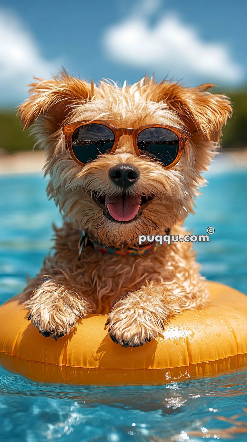 A small brown dog wearing sunglasses, relaxing on an inflatable yellow ring in a pool on a sunny day.