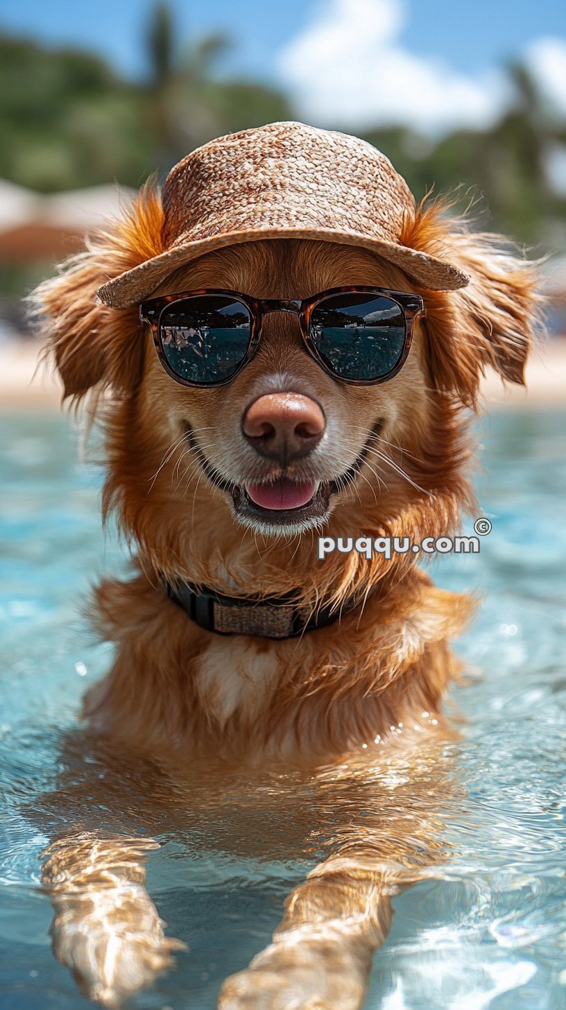 A dog in a pool wearing sunglasses and a straw hat with a relaxed expression.