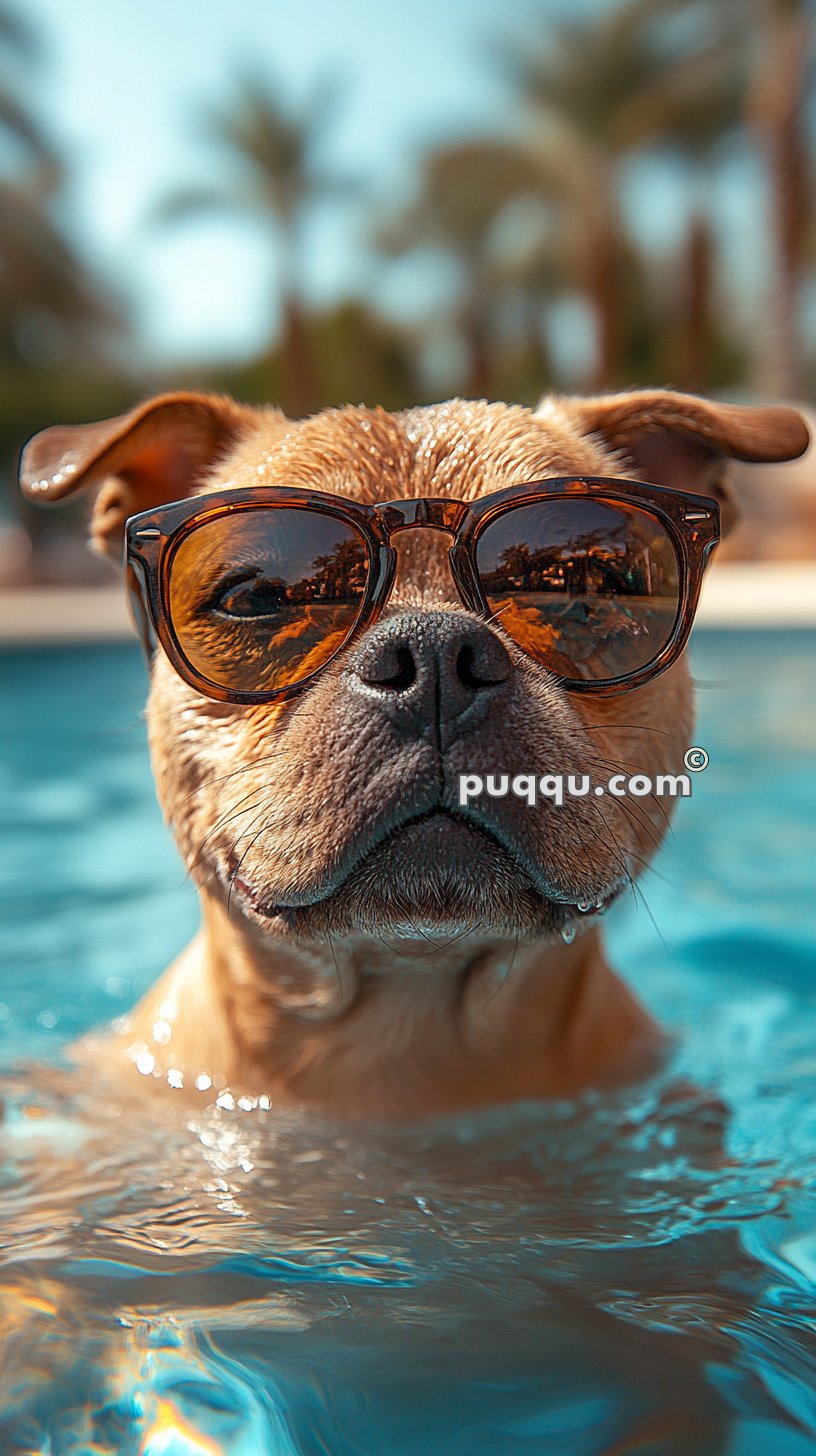 Brown dog wearing sunglasses, swimming in a pool.