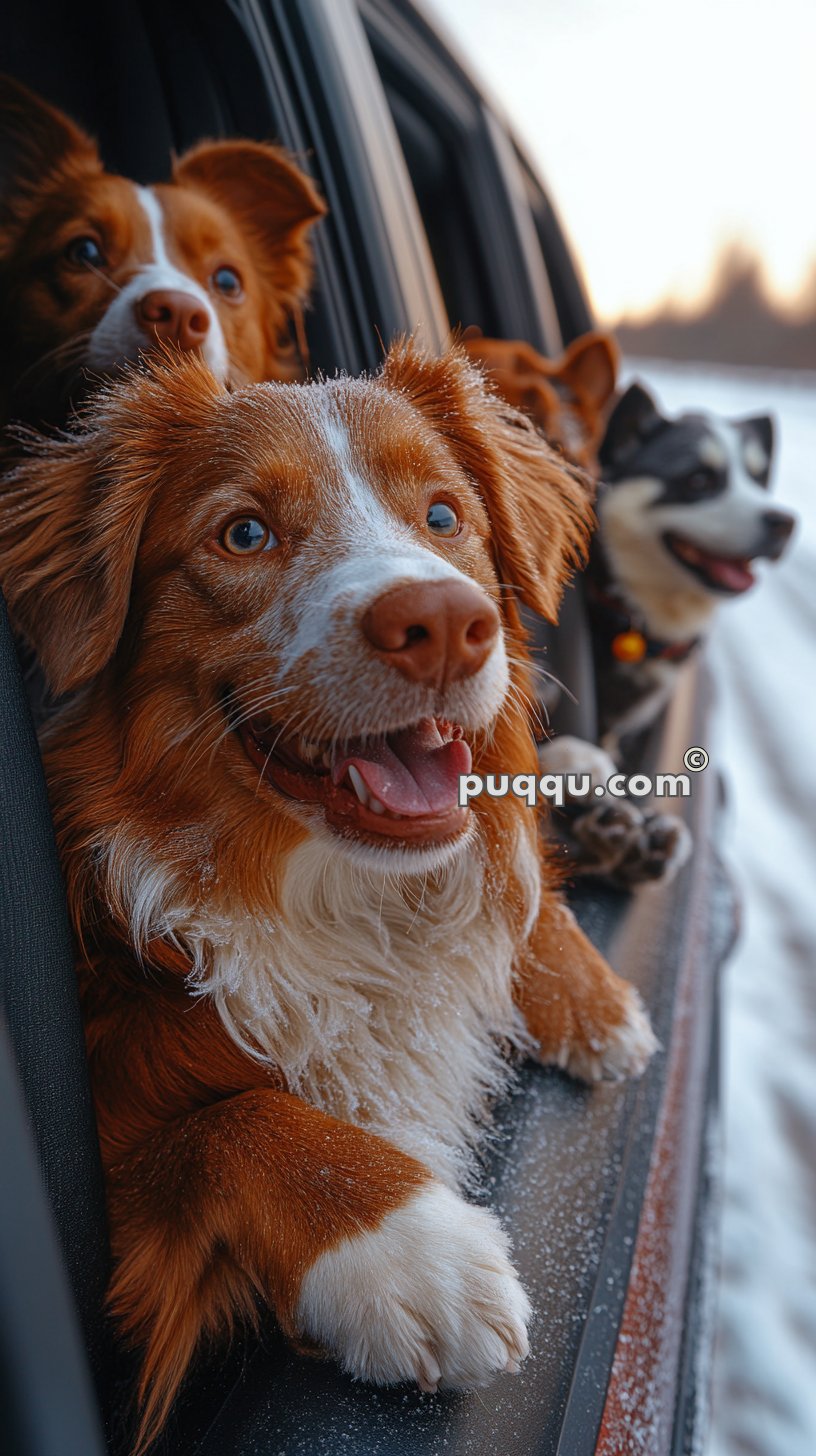 Three dogs with their heads out of a car window, including a brown dog with white markings in the foreground.