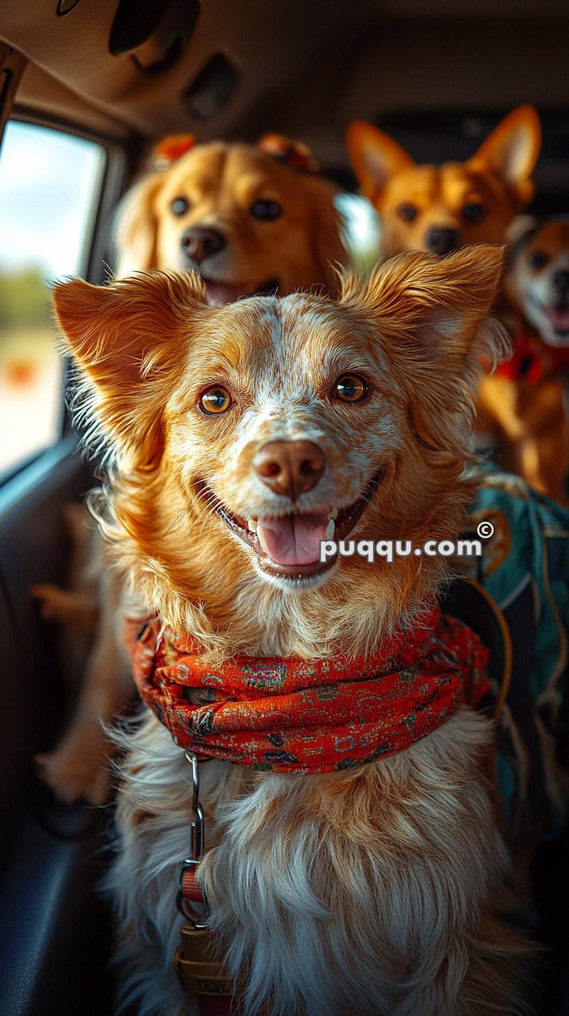 Close-up of a smiling dog with fluffy hair and a red bandana, sitting in a car with other dogs in the background.