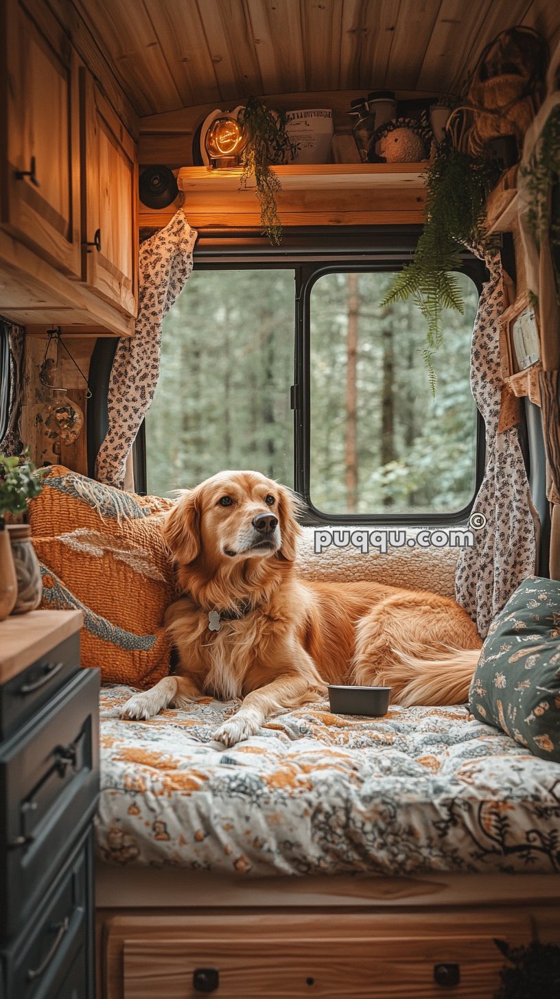 Golden Retriever lying on a bed inside a cozy, wood-paneled camper van.