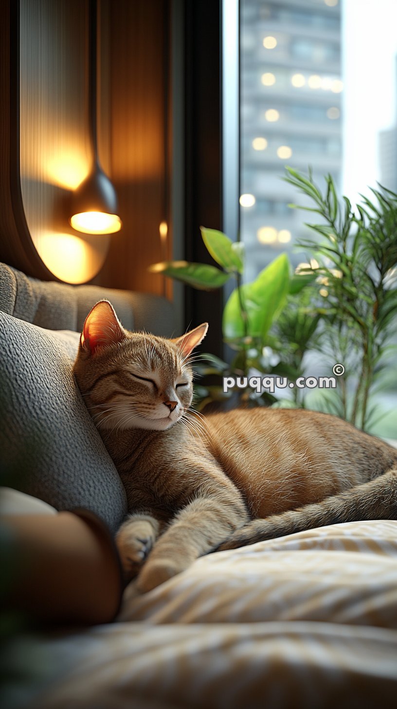 Cat sleeping on a couch near a window with city view and green plants.