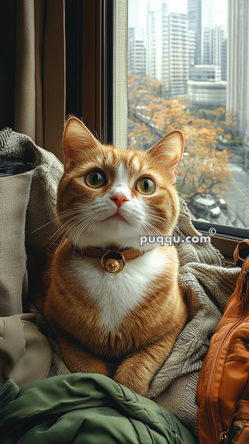 A ginger and white cat wearing a collar with a bell sits by a window with a cityscape view in the background.