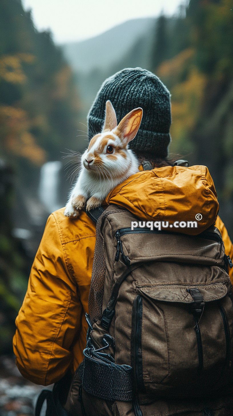 Person in a yellow jacket and beanie carrying a rabbit on a brown backpack while hiking in a forest.