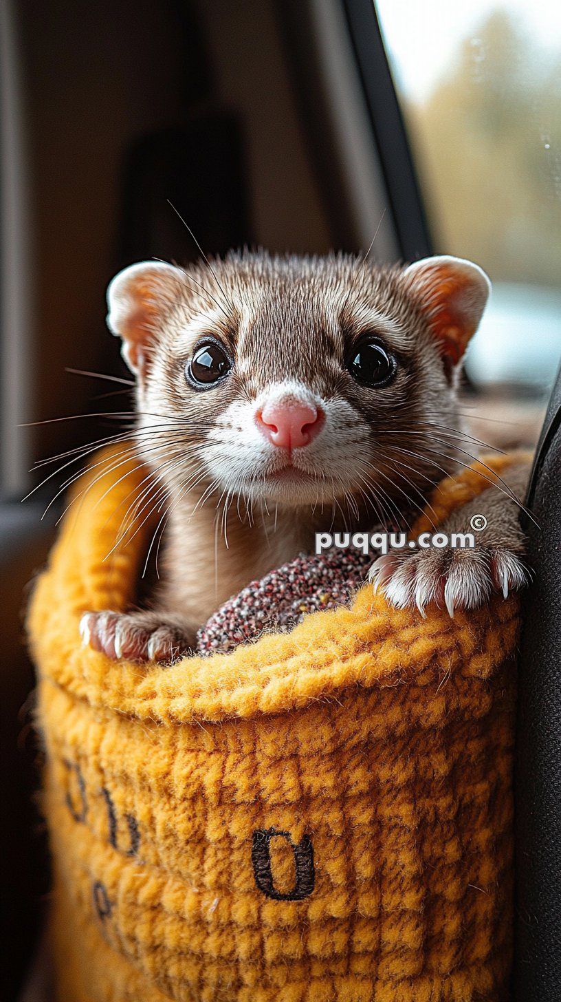 Cute ferret peeking out from a yellow knitted fabric.