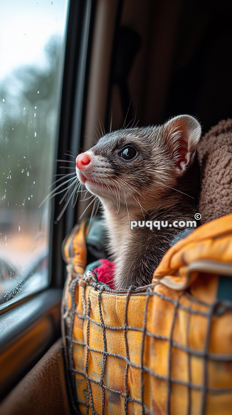 A ferret looking out of a car window from inside a small, orange, checkered, cloth carrying bag.