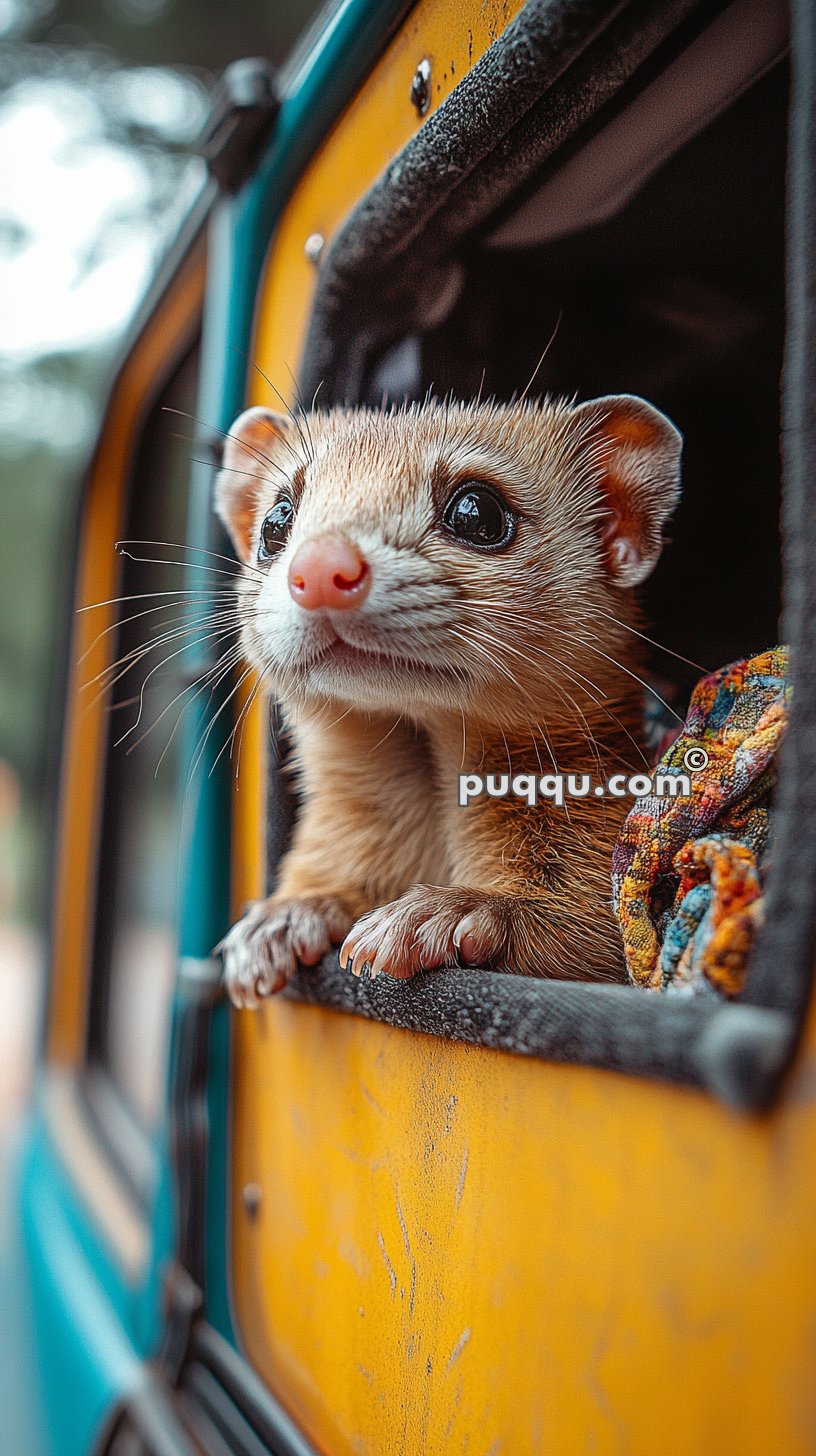 A small animal, possibly a ferret or similar mammal, peeking out of a yellow vehicle window.