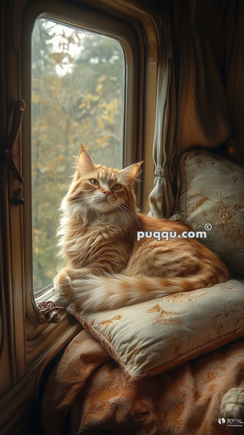 Fluffy orange cat lying on a cushion by a window.