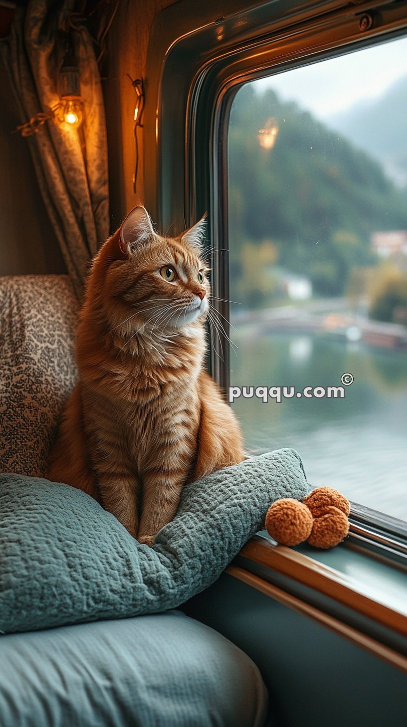 Orange tabby cat sitting on a pillow by a window, looking outside.