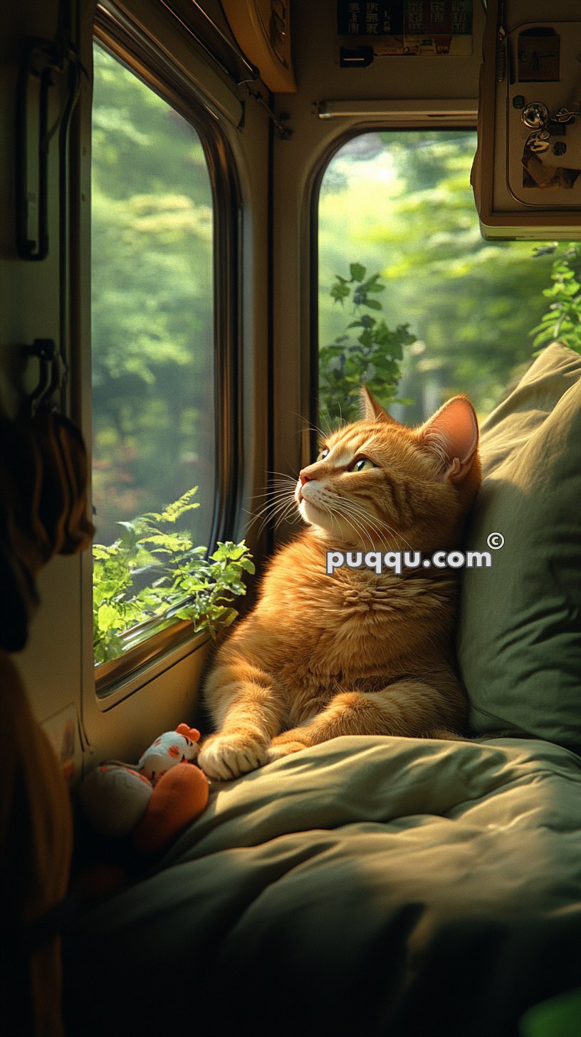 Orange tabby cat lying on a pillow and looking out a window.