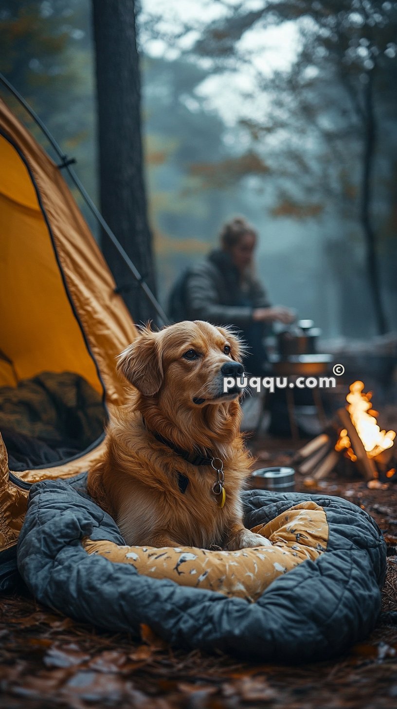 A dog sitting on a folded sleeping bag in front of a yellow tent with a campfire burning nearby and a person in the background.