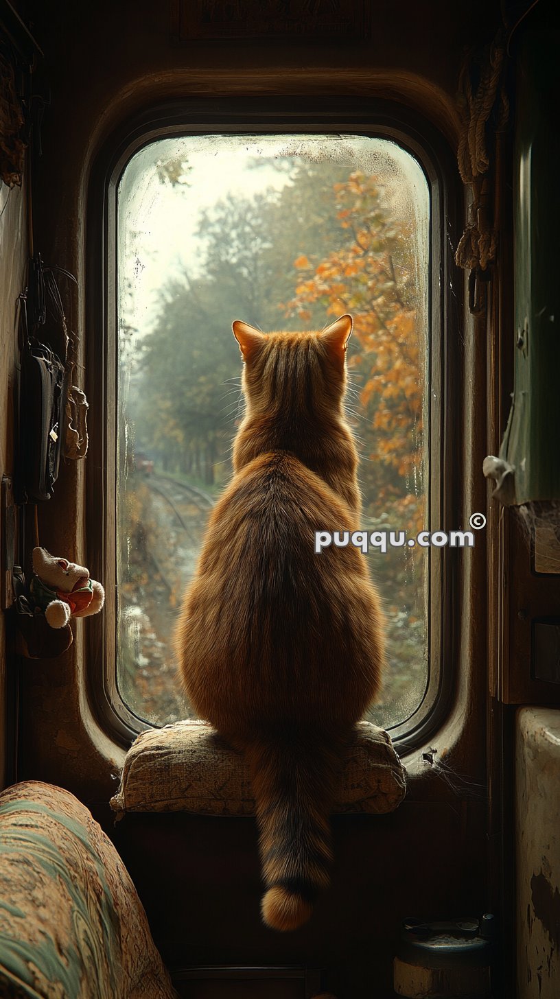 A cat sitting on a windowsill inside a vintage train, looking out at autumn foliage.